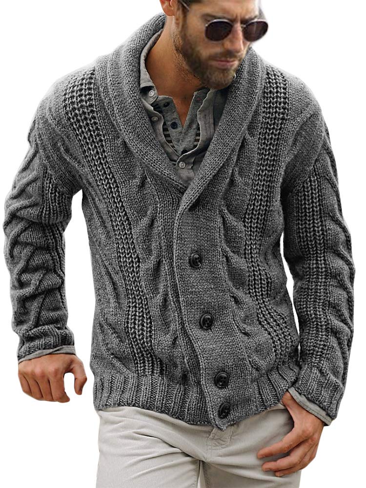 Karlywindow Mens Cable Knit Cardigan Sweater Shawl Collar Loose Fit Long Sleeve Casual Cardigans Grey - Image 1